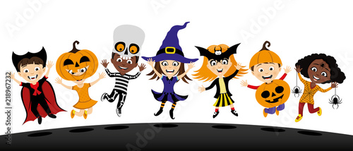 Group of children in costumes for halloween on white background.