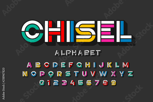 Colorful chisel font design, alphabet letters and numbers
