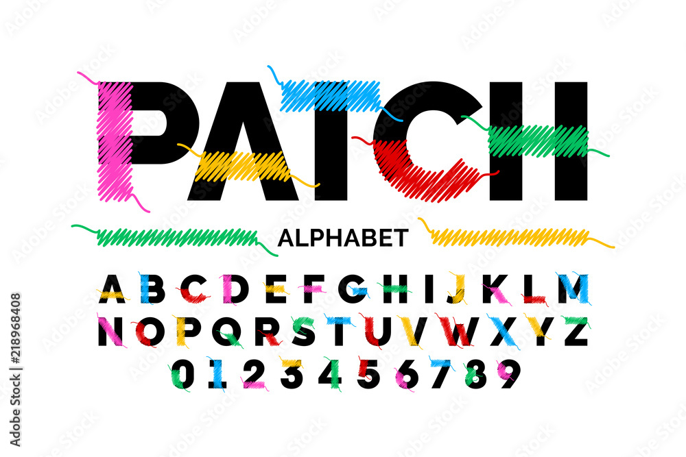 Vecteur Stock Patched font design stitched with thread, embroidery font  alphabet letters and numbers | Adobe Stock