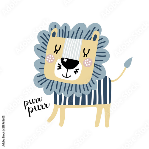 Cute cartoon lion in scandinavian style say purr purr. Vector Illustration. Can be used print print for t-shirts, home decor, posters, cards.