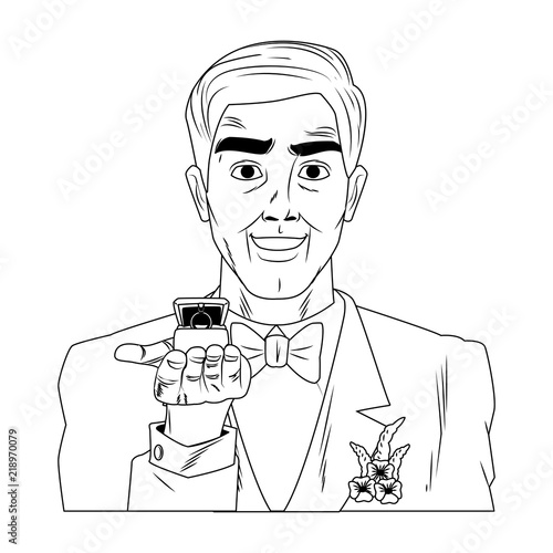Groom holding ringbox open pop art cartoon vector illustration graphic design