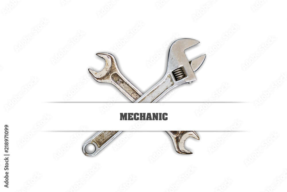 Set of tools, spanners on a white background. Inscription, Mechanic. Concept of profession. Set of tools, spanners on a white background. Inscription, Mechanic. Concept of profession.