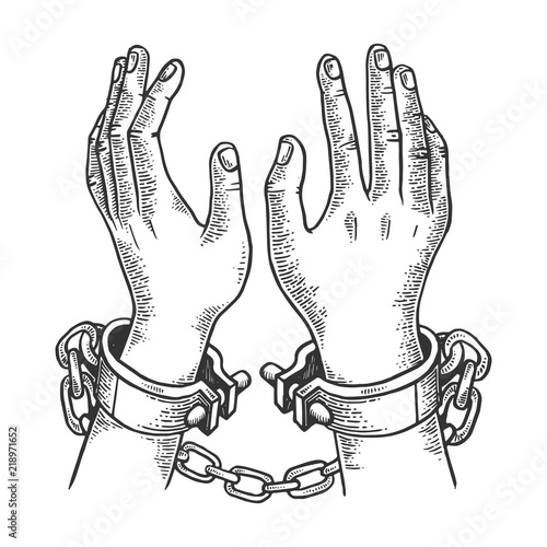 Hands in handcuffs engraving vector illustration