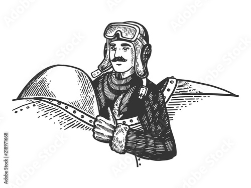 Pilot in plane engraving vector illustration