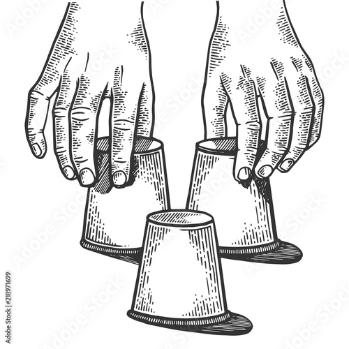 Thimblerigger hands engraving vector illustration