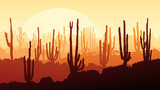 Horizontal illustration of desert with cacti at sunset.