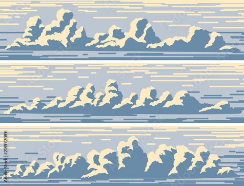 Horizontal banners with blue cumulus clouds.