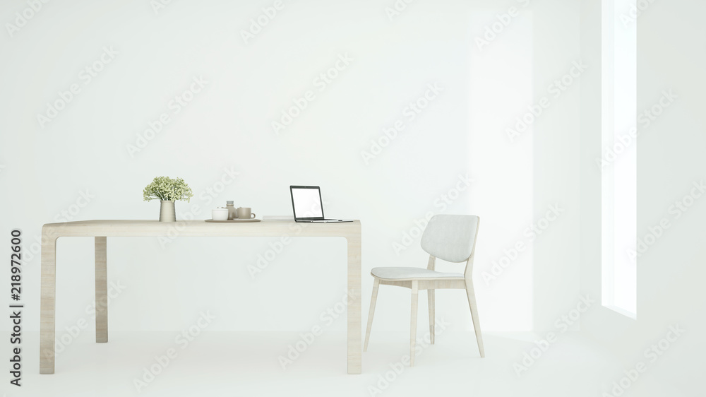 Workplace in condominium or small office - Study room white tone artwork for apartment or home office - 3D Rendering