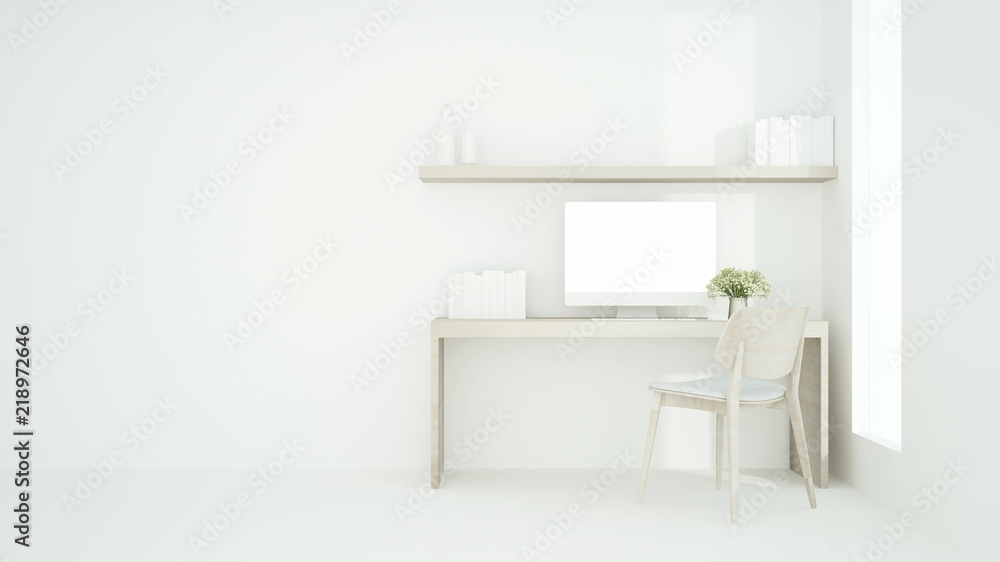 Study room white tone artwork for apartment or home office - Workplace in condominium or small office - White room for artwork business office - 3D Rendering Study room white tone artwork for apartment or home office - Workplace in condominium or small office - White room for artwork business office - 3D Rendering