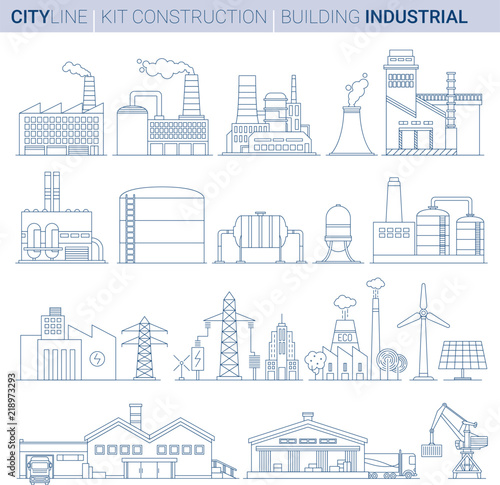 Line Vector Illustration Set. Industrial Buildings