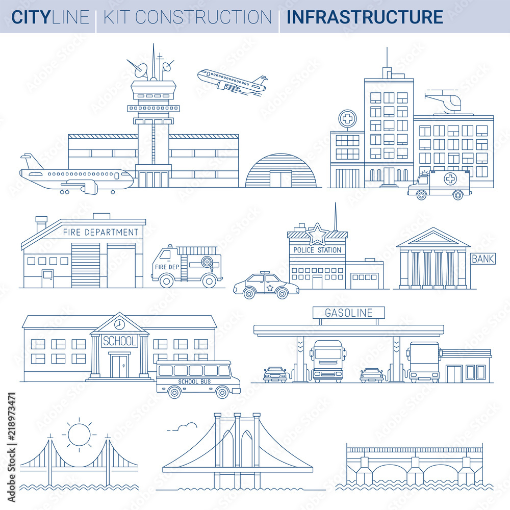 Line Vector Illustration Set. Infrastructures