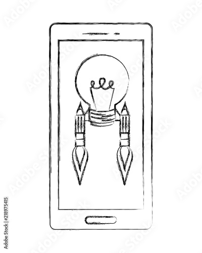 smartphone with bulb pencils rocket creativity
