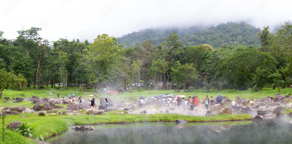 Chae Son National Park Thailand, hot spring is an area of sulfurous pools from nine boreholes emitting waters at temperatures around 73 °C, Popular tourists Come on holiday