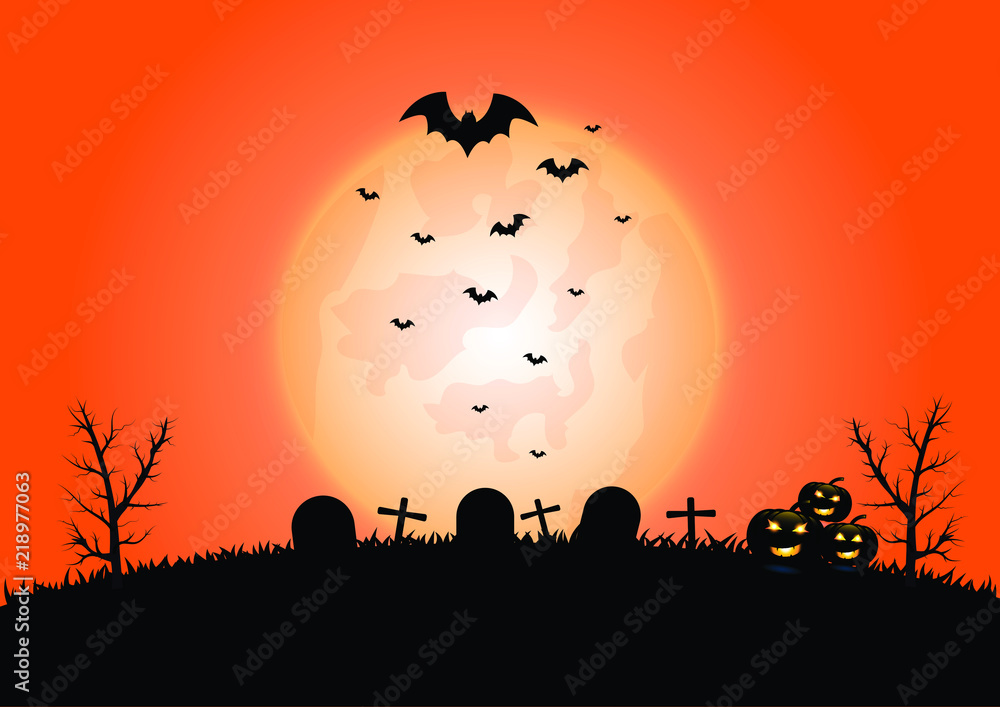 Halloween night background with pumpkins, graves and the full moon ,vector