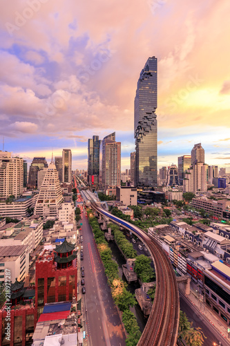Photography Bangkok business district cityscape with skyscraper at twilight, Thailand