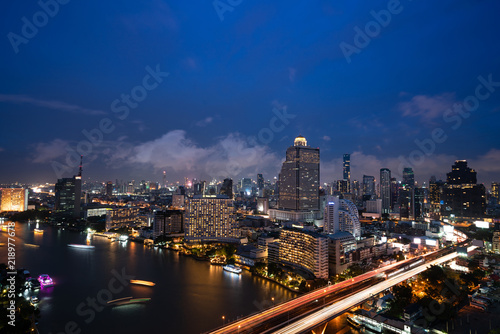 Aerial view landscape of River in Bangkok city at night time