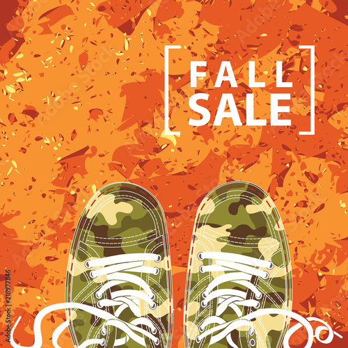 Vector banner with the words Fall sale and khaki shoes on an abstract background of colorful autumn leaves. Can be used for flyers, banners or posters
