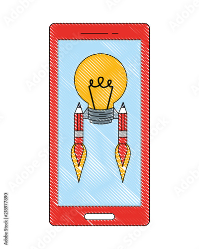 smartphone with bulb pencils rocket creativity