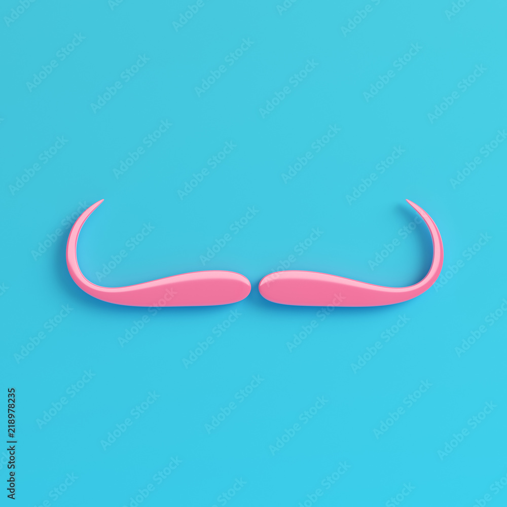 Pink fake mustache on bright blue background in pastel colors