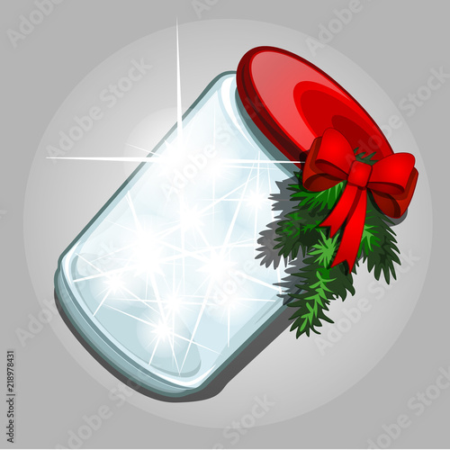 Transparent jar of glass with a luminous gaseous substance with sparkling glowing sparks isolated on a grey background. Magic gift with Christmas decorations with red ribbon bow. Vector illustration.