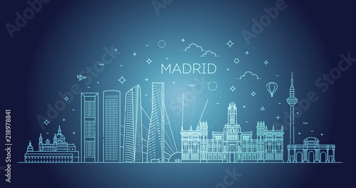 Madrid skyline, Spain. Vector illustration, line art