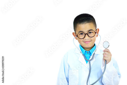 Portrait of Asian boy doctor on white background
