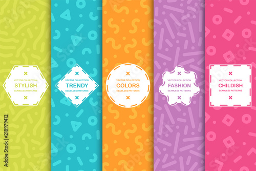 Set of colorful seamless creative patterns. Bright trendy backgrounds in memphis style. Fashion design 80-90s