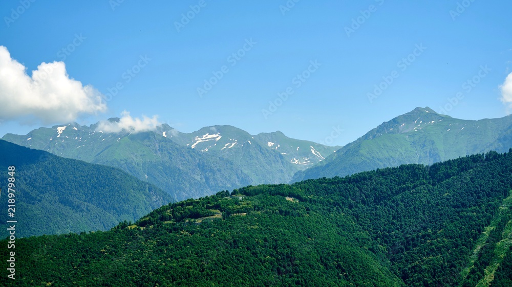Beautiful mountain views with large clouds in Sochi