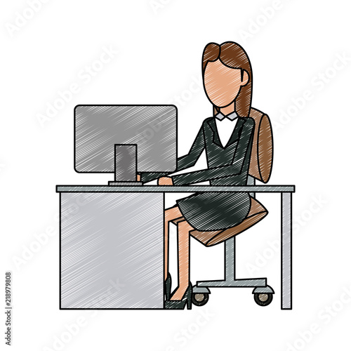 Businesswomans working with computer at office vector illustration graphic design