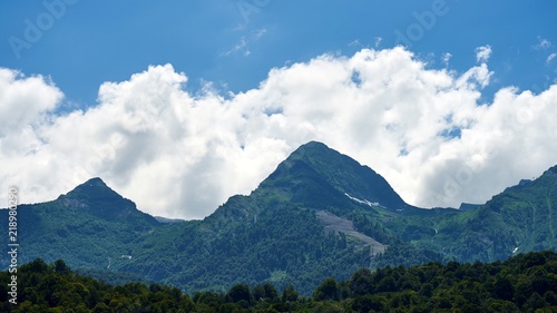 Beautiful mountain views with large clouds in Sochi