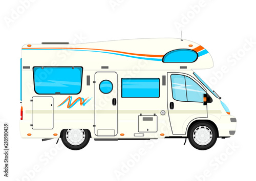 Cartoon camper on a white background. Side view. Flat vector.