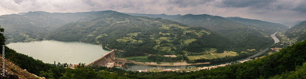 Fototapeta premium Perucac artificial lake, dam and Drina river in Serbia