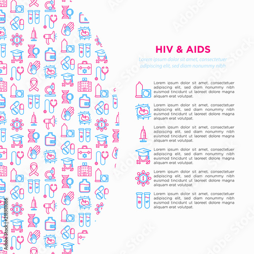 HIV and AIDs concept with thin line icons: safe sex, blood transfusion, physical examination, AIDs ribbon, blood test, microscope, genetic engeering. Modern vector illustration, print media template.