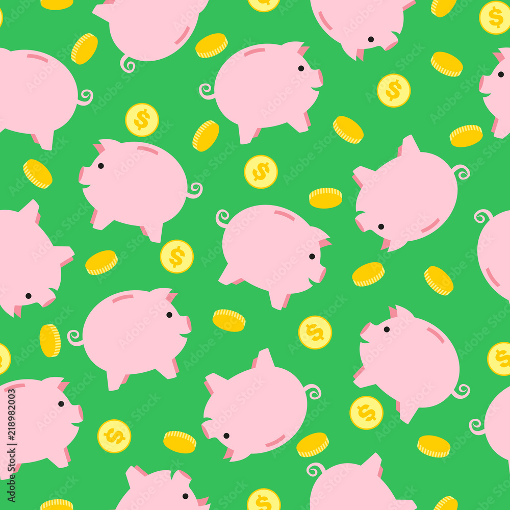 Fototapeta premium Golden coins with dollar sign seamless pattern. Pink piggy bank seamless pattern