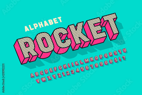 Comic 3d display font design, alphabet, letters and numbers.