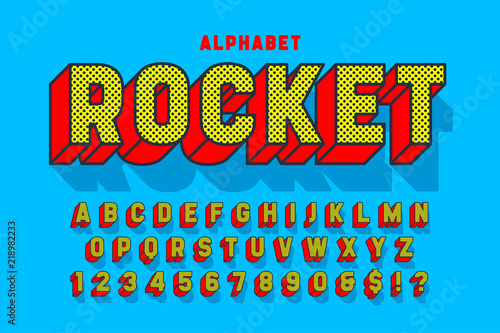 Comic 3d display font design, alphabet, letters and numbers.