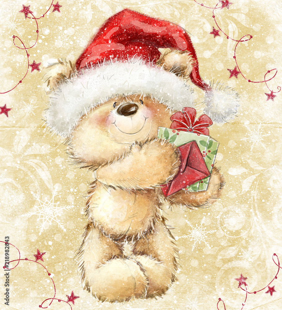 Teddy bear in Santa hat with gift and letter. Merry Christmas ...