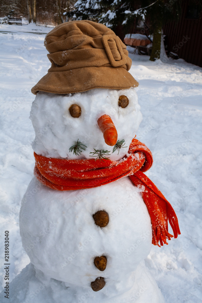 Schneemann im Winter bei eisiger kälte mit Augen Nase und rotem Halstuch  Stock-Foto | Adobe Stock