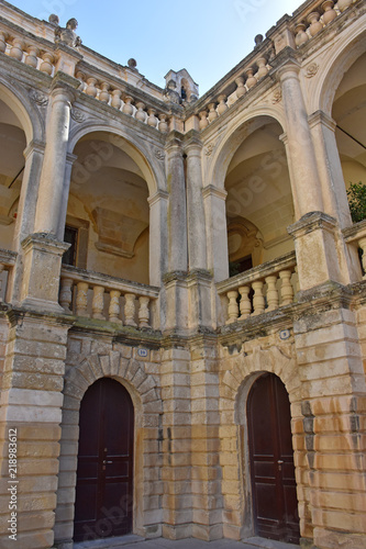 Italy  Lecce  Duomo square   in Baroque style  bell tower  view and architectural details.