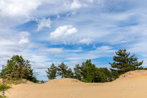 Landscape of a group of islands in the water area of the Volga, called "Asafovy Gory", located 3 km from the town of Yuryevts, Ivanovo region, Russia