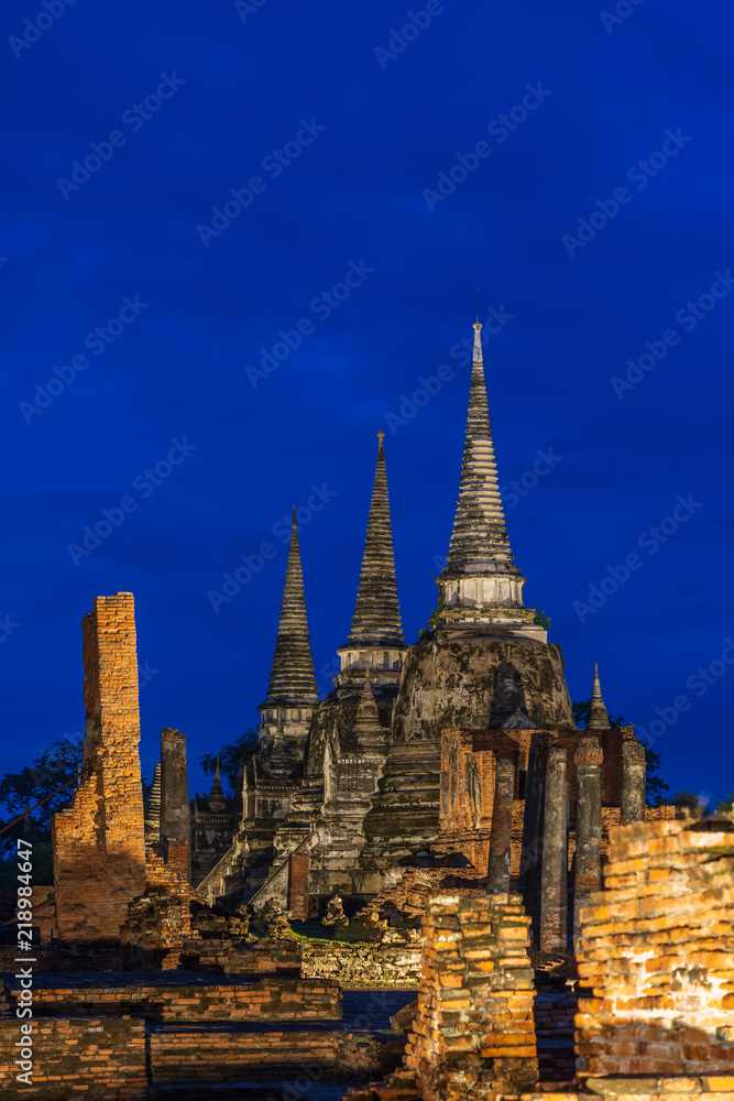 Wat Phra Si Sanphet temple at  twilight blue hour with light up, Ayutthaya