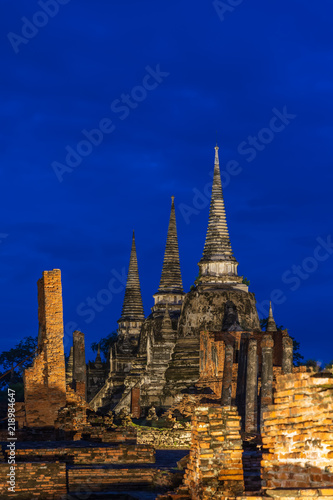 Wat Phra Si Sanphet temple at twilight blue hour with light up, Ayutthaya