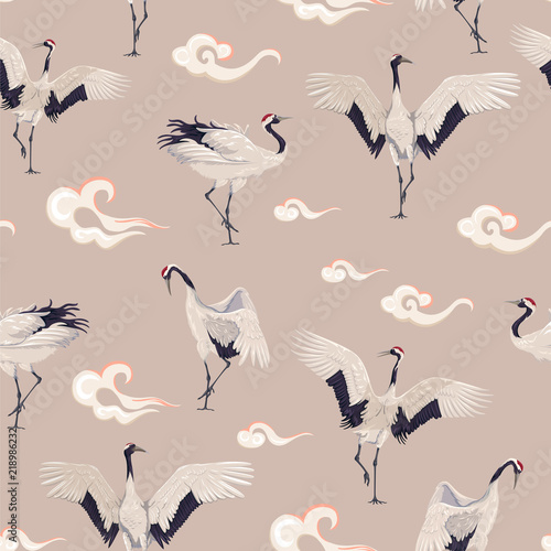 seamless pattern with Japanese cranes