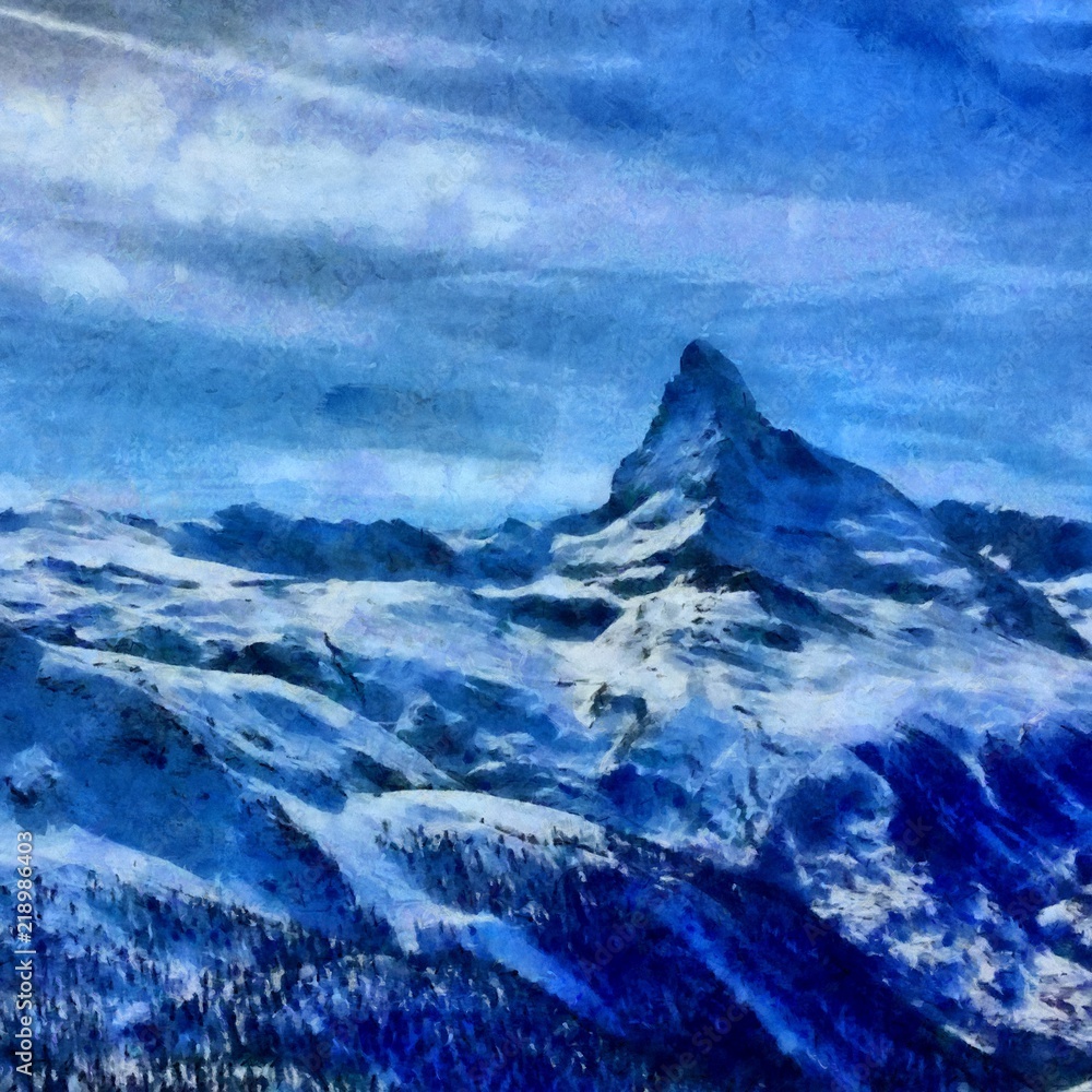 Hand drawing watercolor art on canvas. Artistic big print. Original modern painting. Acrylic dry brush background. Beautiful winter mountain landscape. Ski resort . Wonderful snow view.   