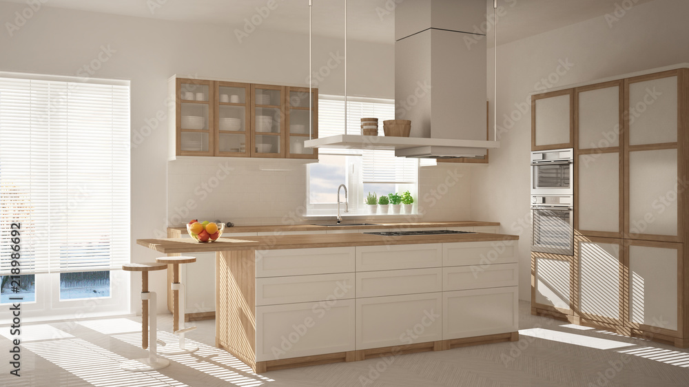 Modern wooden and white kitchen with island, stools and windows, parquet herringbone floor, architecture minimalistic interior design Modern wooden and white kitchen with island, stools and windows, parquet herringbone floor, architecture minimalistic interior design