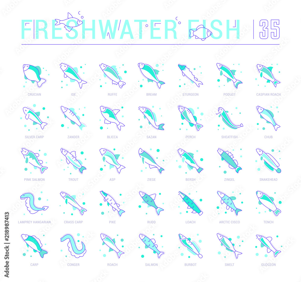 Set Blue Line Icons of Freshwater Fish Set Blue Line Icons of Freshwater Fish