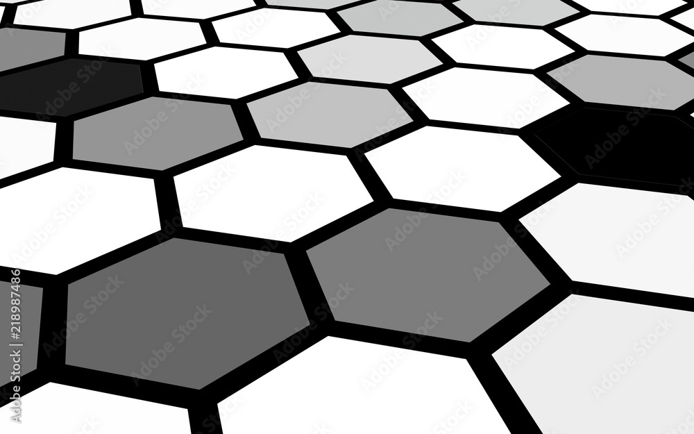 Black honeycomb with a gradient color. Perspective view on polygon look like honeycomb. Isometric geometry. 3D illustration Black honeycomb with a gradient color. Perspective view on polygon look like honeycomb. Isometric geometry. 3D illustration