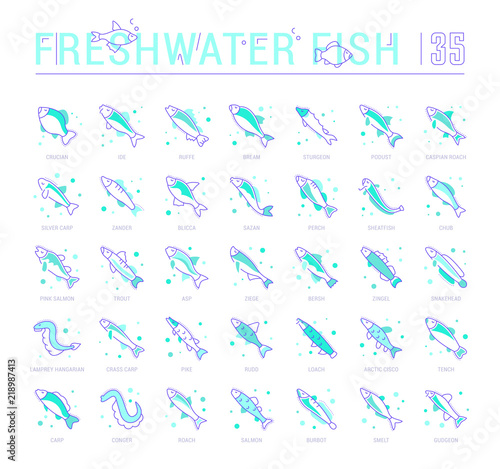 Set Blue Line Icons of Freshwater Fish