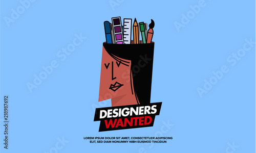 We are Hiring Designers/Creative People/Interns/Young Designers. Vector illustration of a designer and his creative tools—pencil, brush, marker, ruler, colour palette