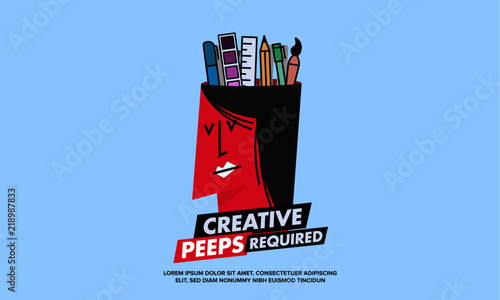 We are Hiring Designers/Creative People/Interns/Young Designers. Vector illustration of a designer and his creative tools—pencil, brush, marker, ruler, colour palette